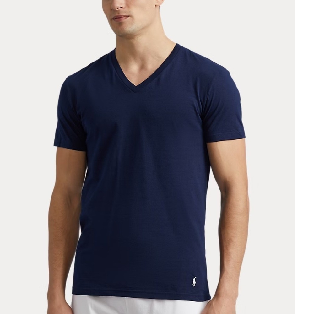 Polo Ralph Lauren Mens Slim Fit V-Neck T-Shirt Navy Blue Cotton Size Medium Pony